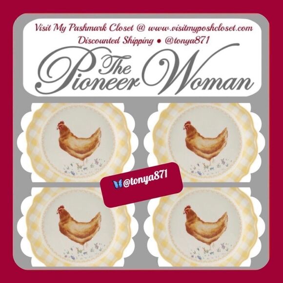 🦋 New Pioneer Woman Novelty Hen Appetizers 7"d Yellow Gingham Plates, Set of 4 - Picture 1 of 7